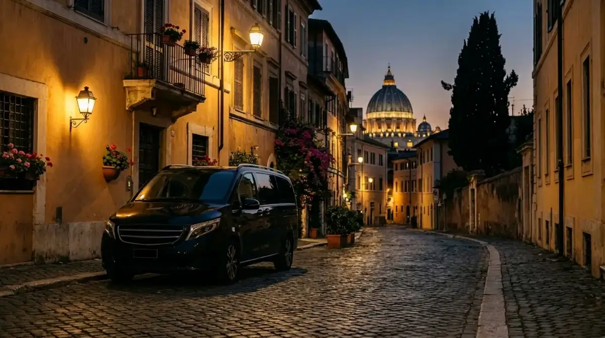A private van on a quiet Roman street at dusk, St Peter’s dome in the distance